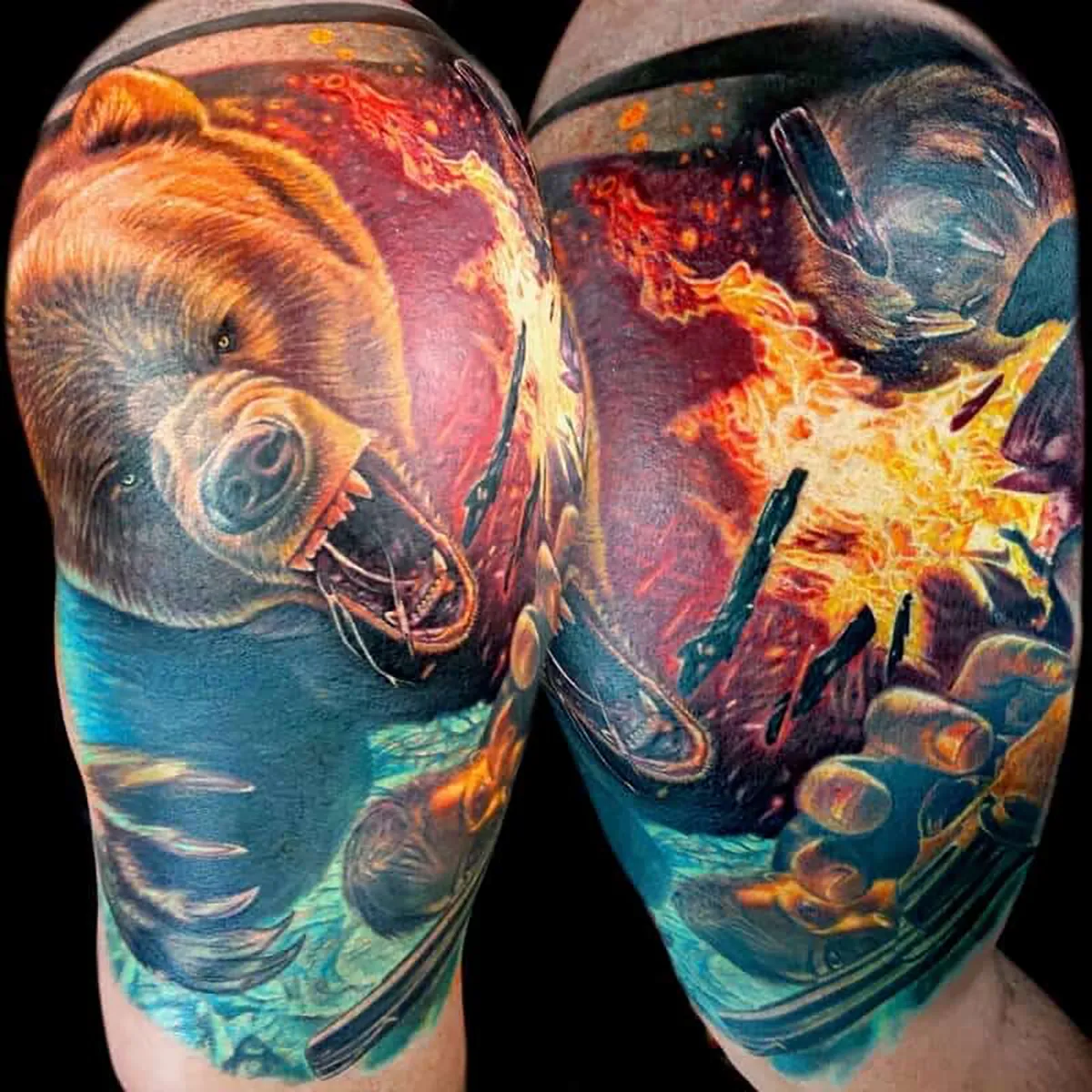 Color illustrative tattoo with a bear head and dynamic action scene elements.