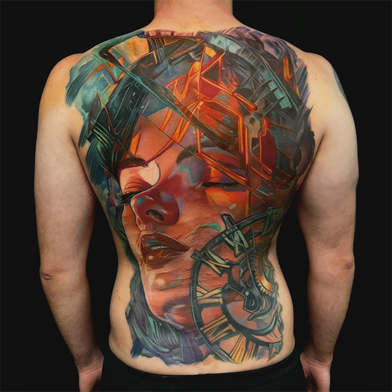 Large abstract geometric portrait backpiece with clock elements and bold color composition.