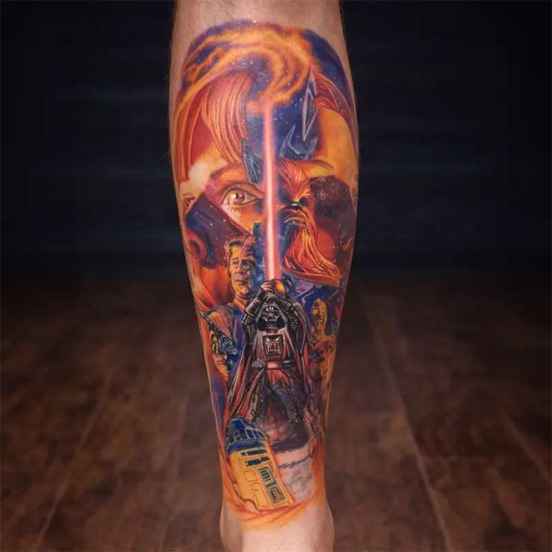 Highly saturated neon Star Wars leg sleeve tattoo featuring Darth Vader, Luke Skywalker, and sci-fi characters by Josh Hibbard.